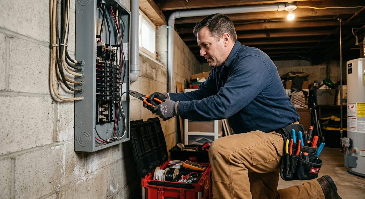 Electrician reviewing an upgraded 200-amp service panel inside a Smithtown home
