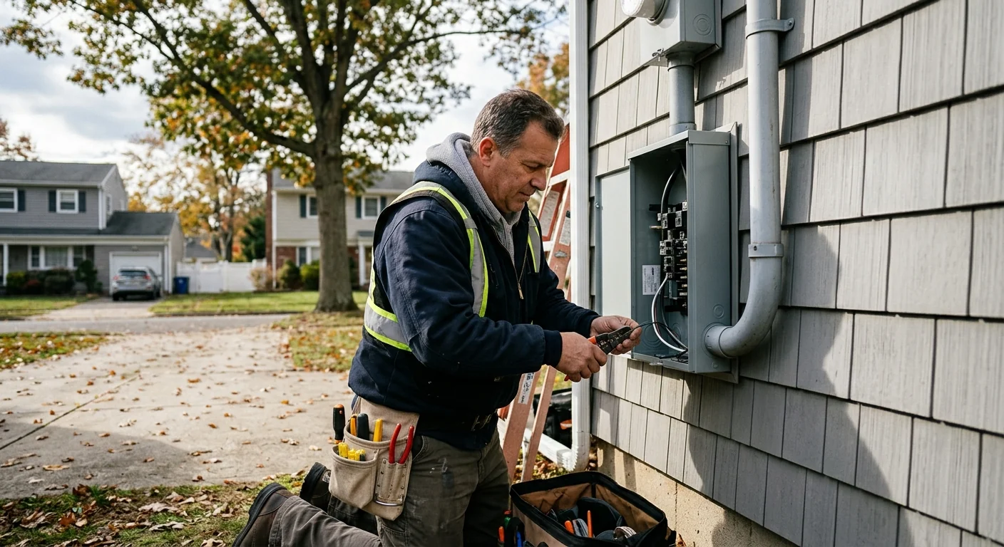 Electrician reviewing an upgraded electrical panel in a Smithtown home