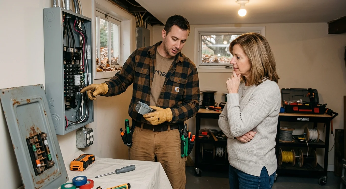 Outdated electrical panel with corroded breakers flagged for upgrade in Smithtown