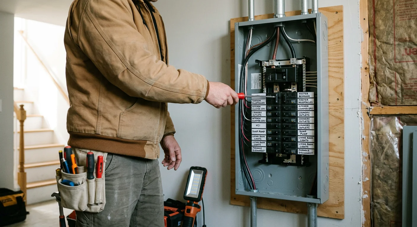 Close-up of a newly installed 200-amp breaker panel with labeled circuits