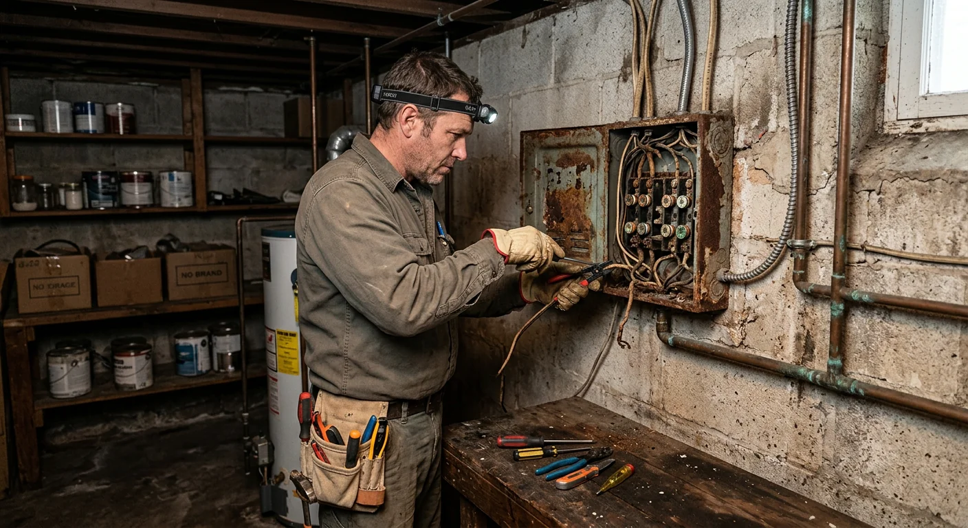 Old corroded fuse box being removed from a mid-century Smithtown basement