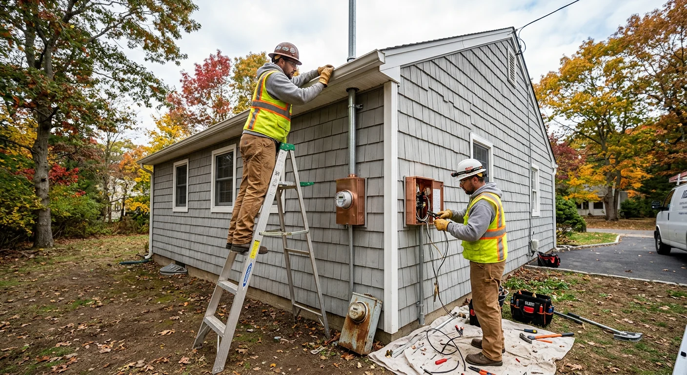 Wide shot of an exterior service mast and meter socket upgrade in progress