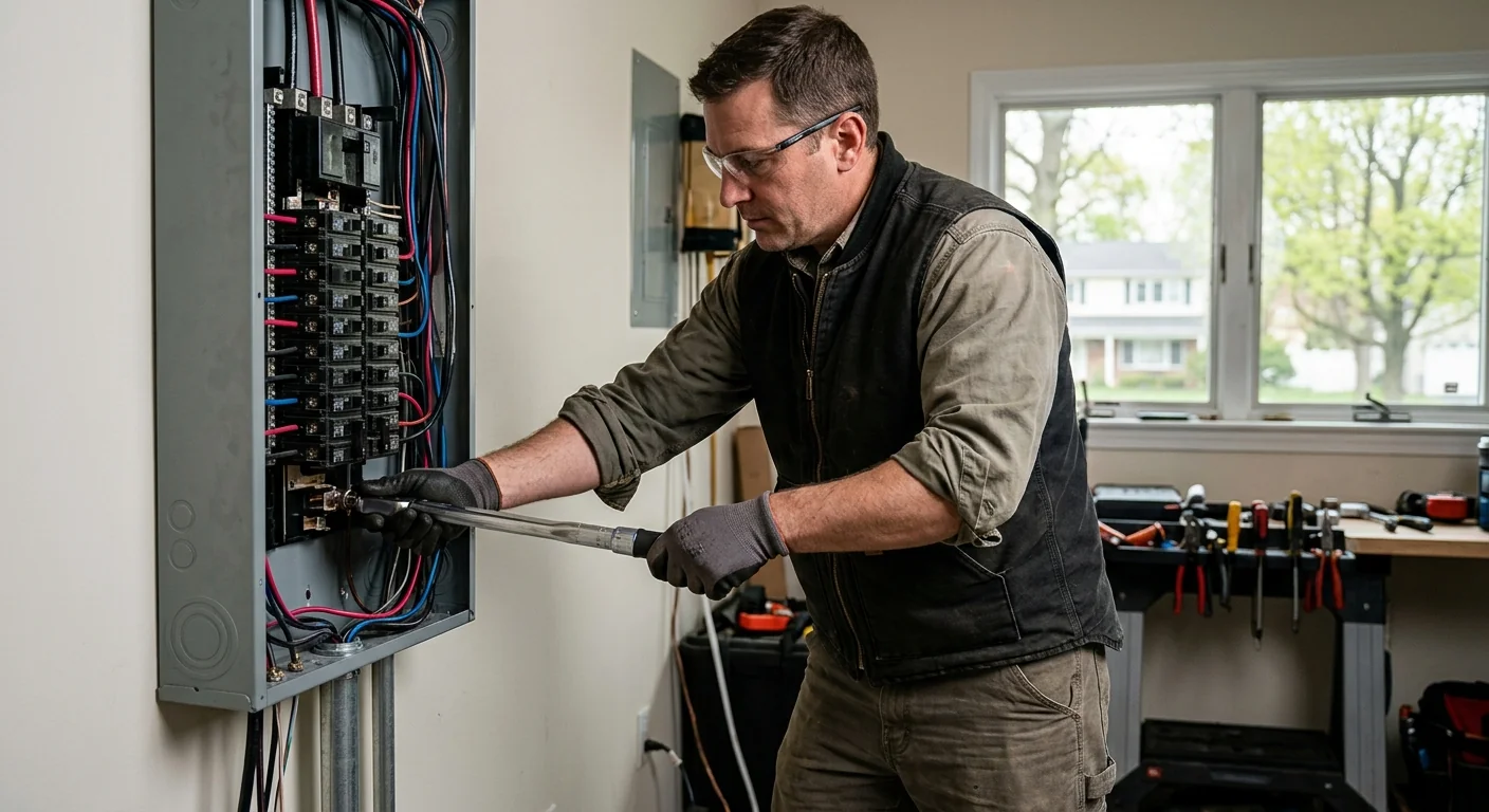 Electrician torquing breaker connections inside an open load center on-site