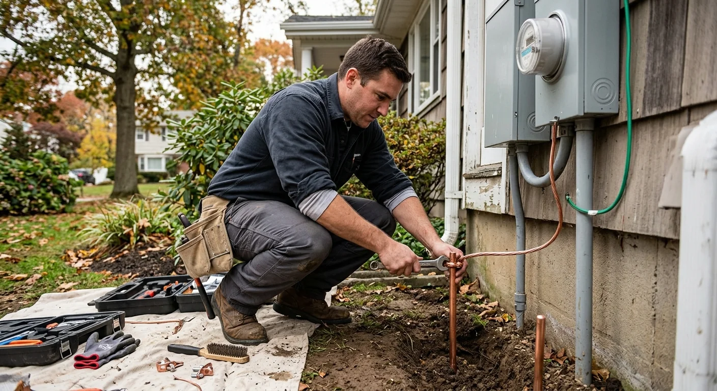 Grounding electrode and bonding wire installation near a home's service entrance