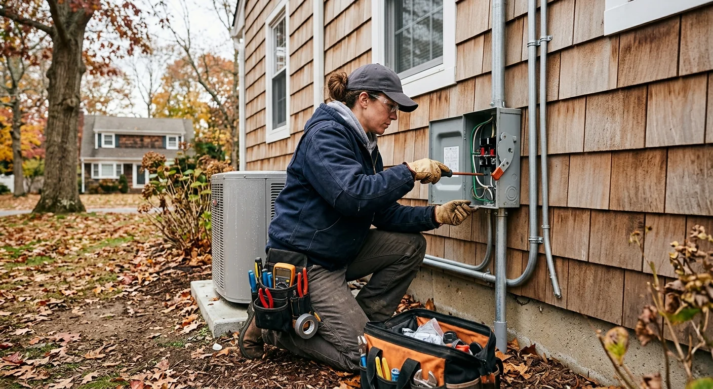 Electrician reviewing wiring plans with a homeowner inside a Smithtown home