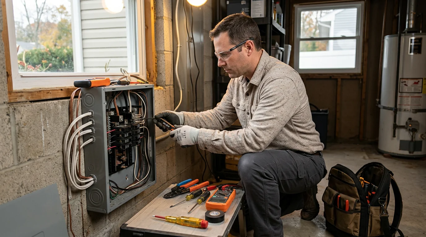 Electrician scheduling a service appointment with tools ready outside a Smithtown home