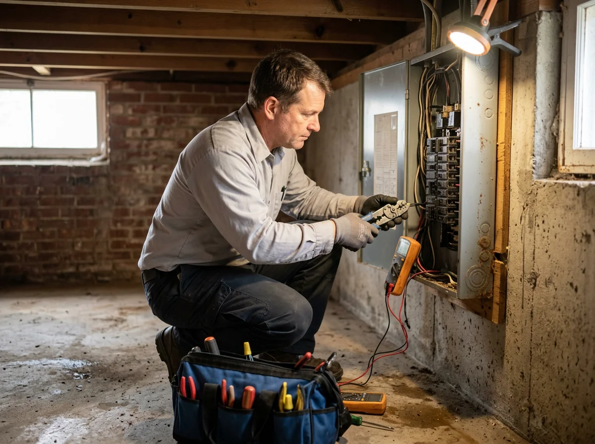 Technician testing outlet wiring during a residential electrical inspection