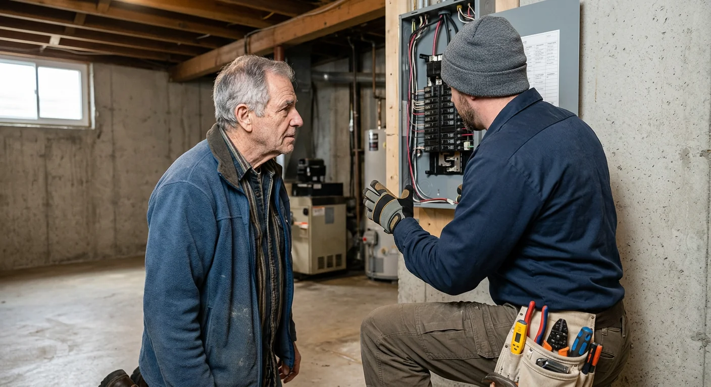 Electrician reviewing a written estimate with a homeowner at a Smithtown kitchen table