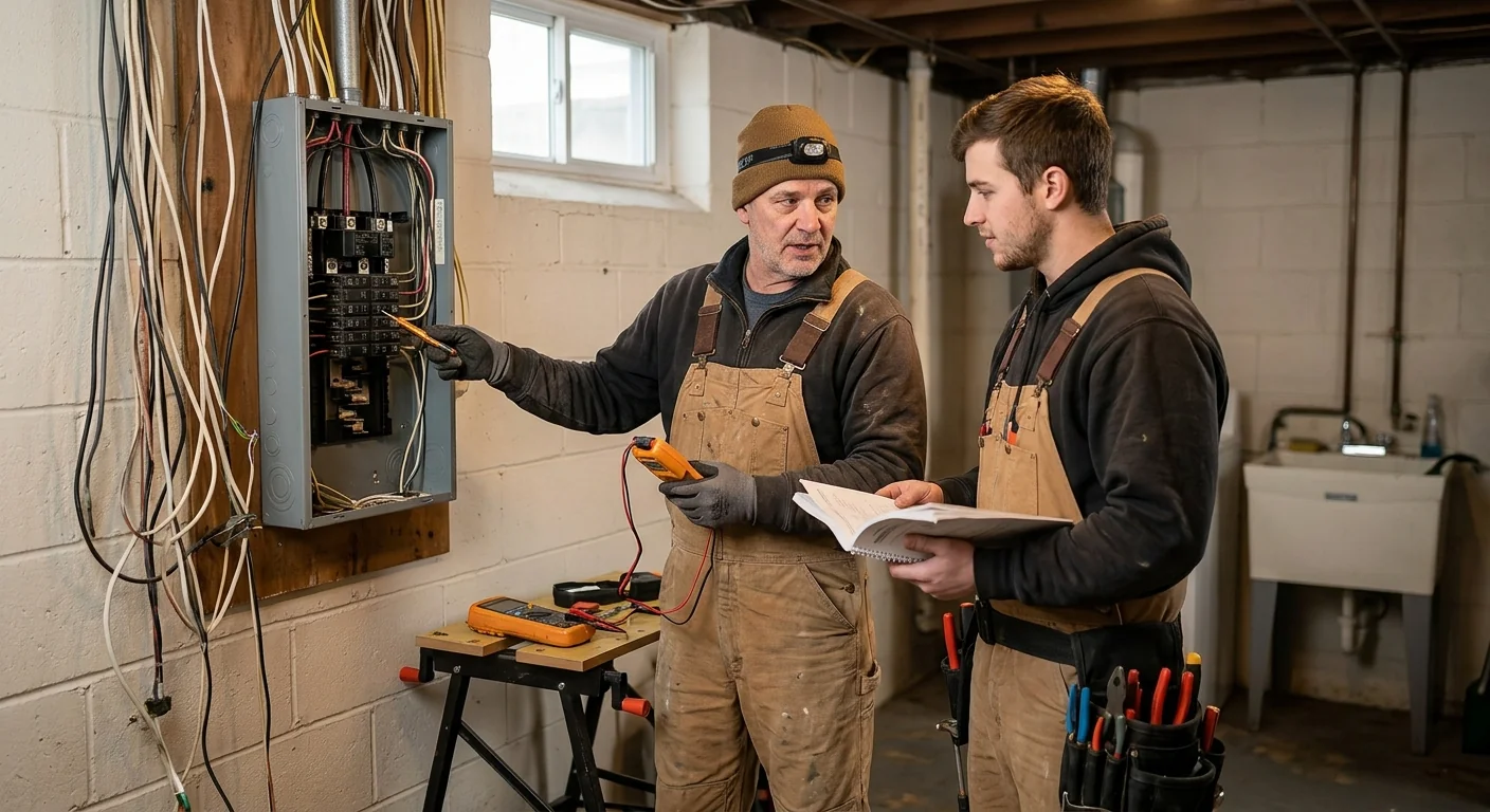 Electrician reviewing a written estimate with a homeowner at a Smithtown kitchen table