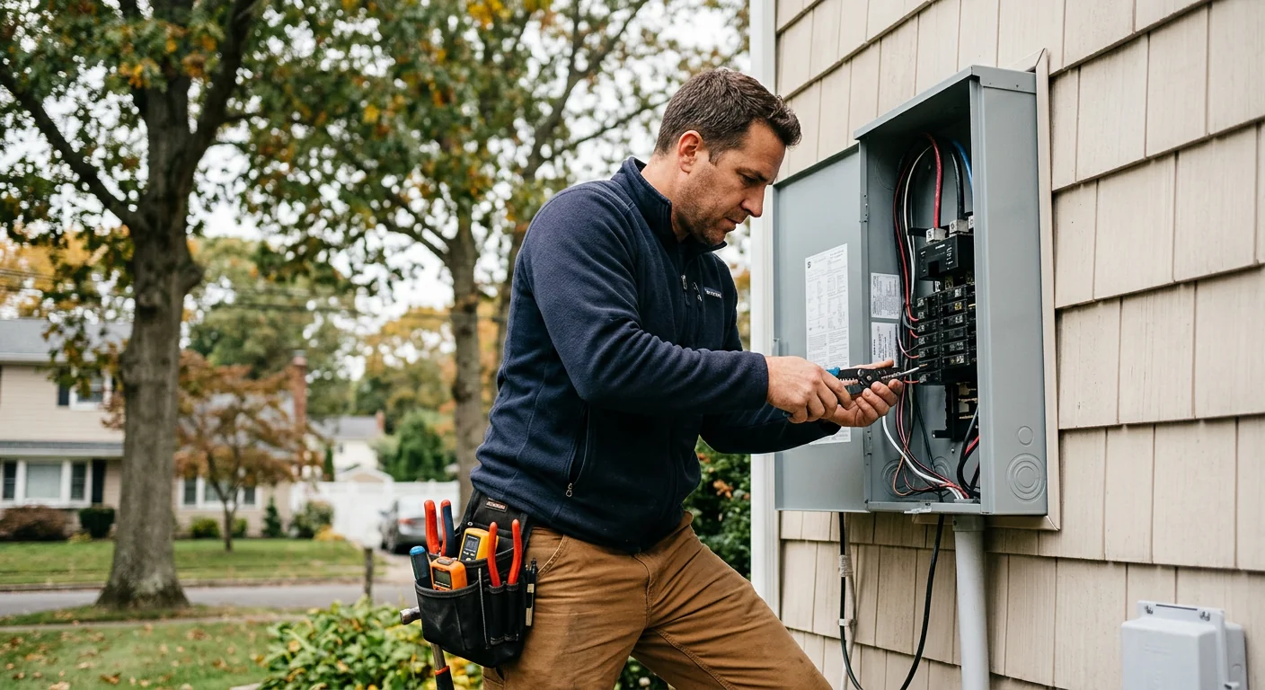 Electrician inspecting an aging service panel inside a Smithtown home basement