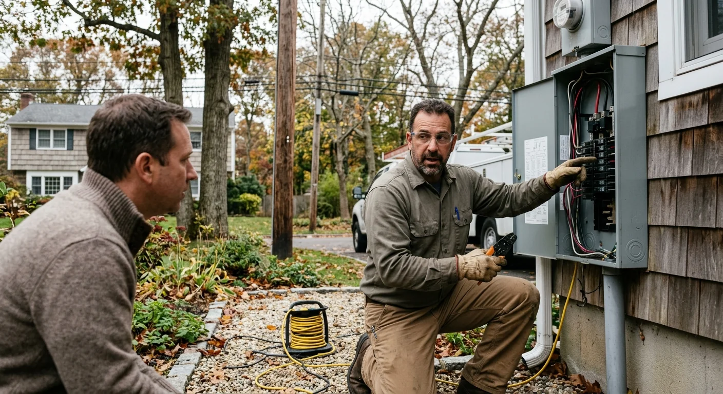 Electrician verifying a residential panel with a meter during a Smithtown safety check