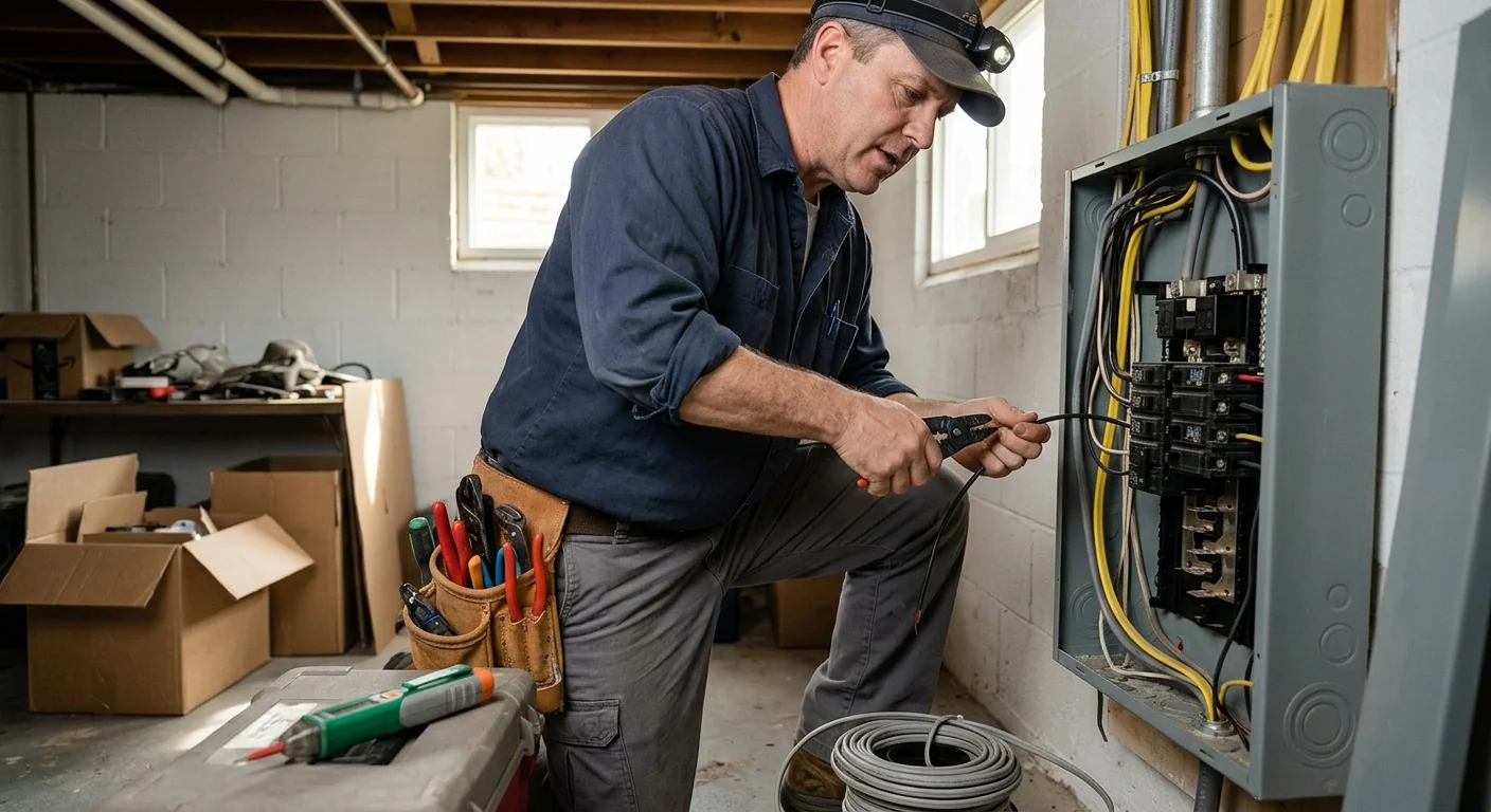 Electricians organizing panels and testing tools before a Smithtown home service visit