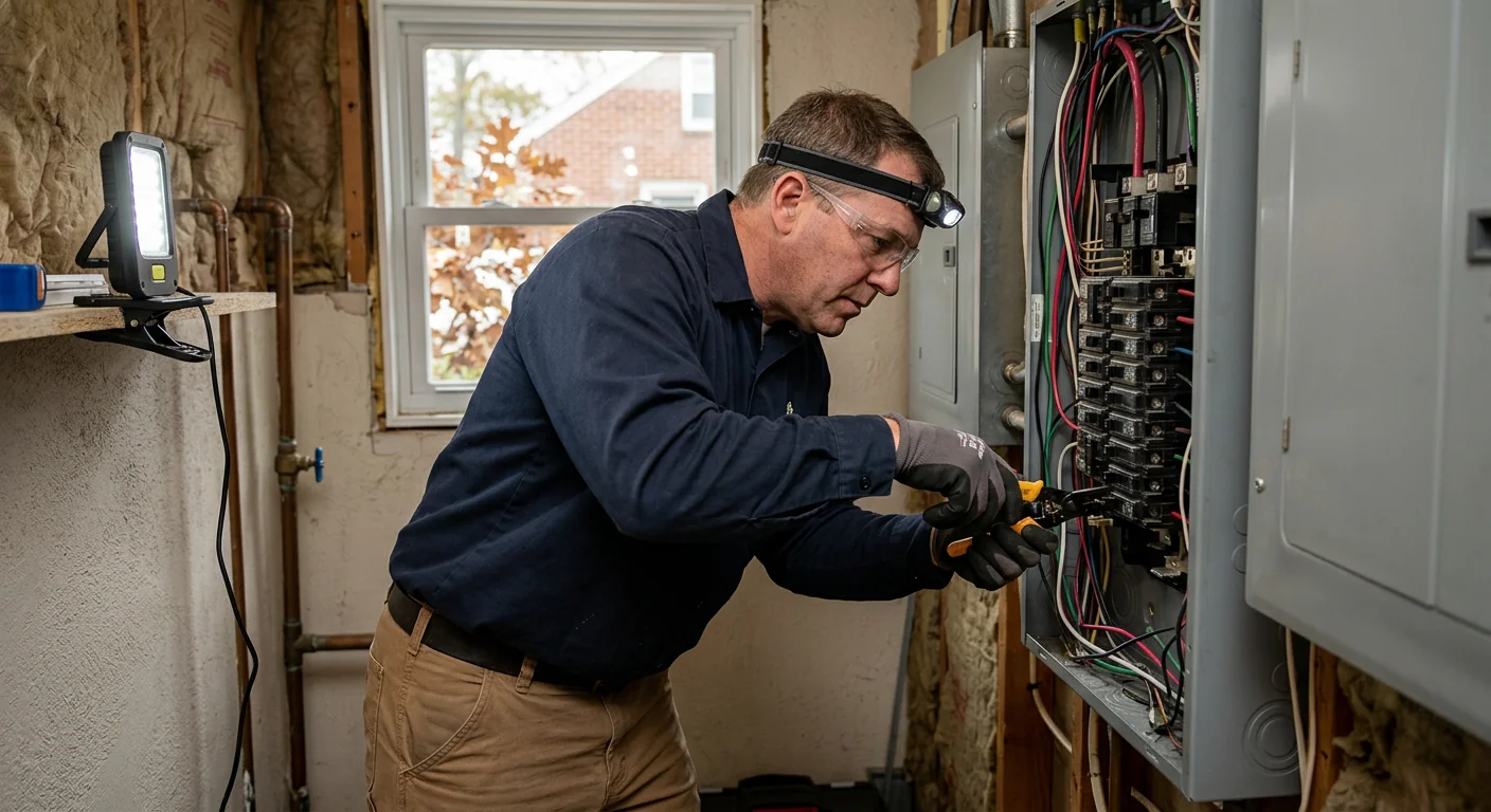 Electrician reviewing a home electrical panel before EV charger installation in Smithtown