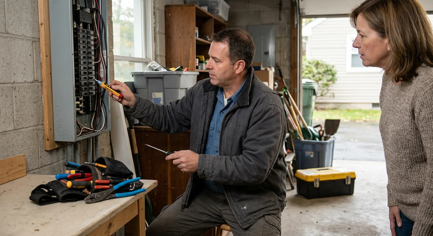 Electrician mounting a Level 2 EV charger in a Smithtown home garage
