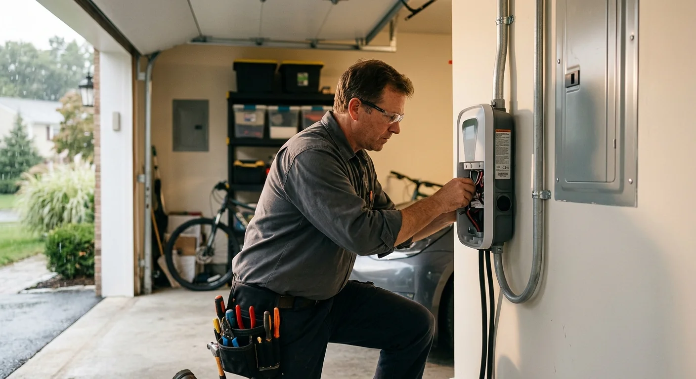 Wall-mounted Level 2 EV charger installed in a tidy suburban garage in Smithtown