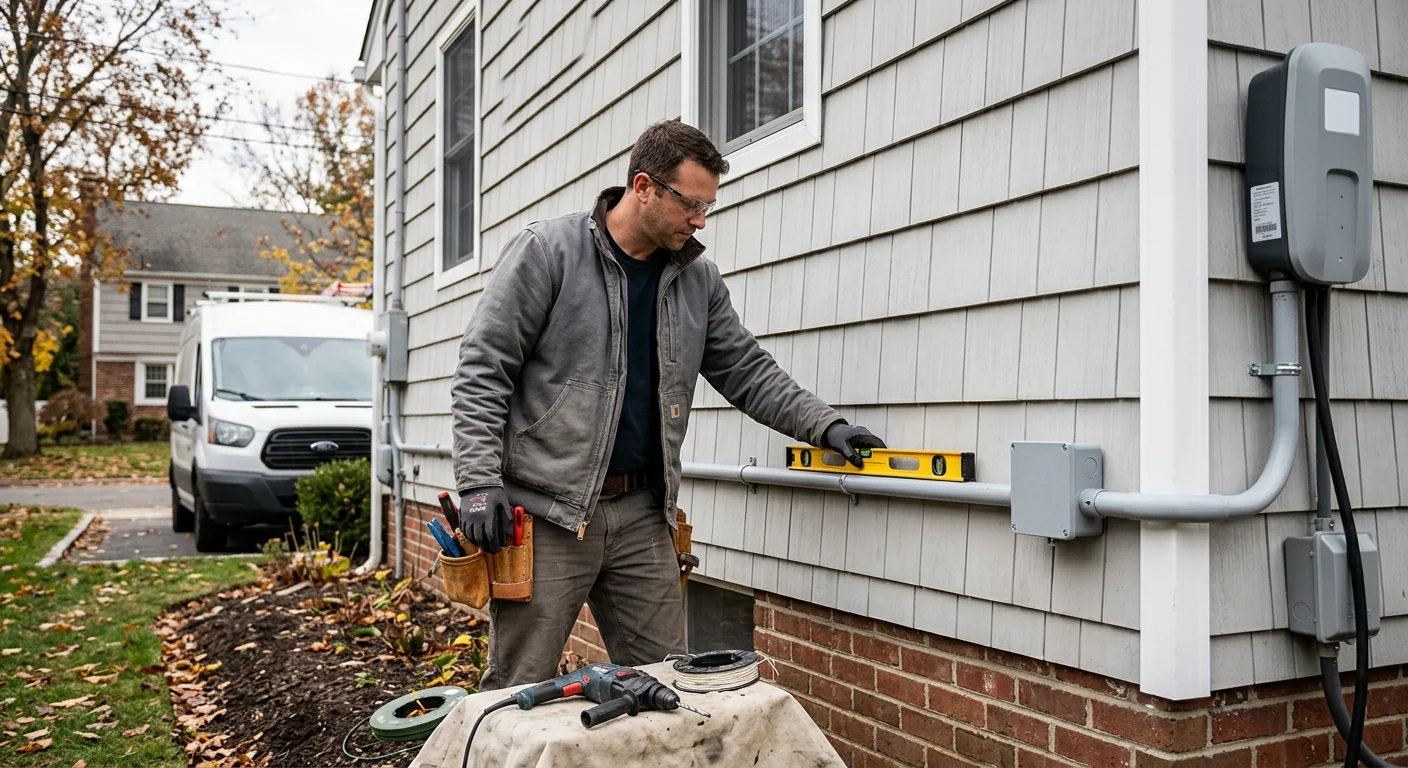 Weatherproof conduit run along an exterior wall for an outdoor EV charger installation