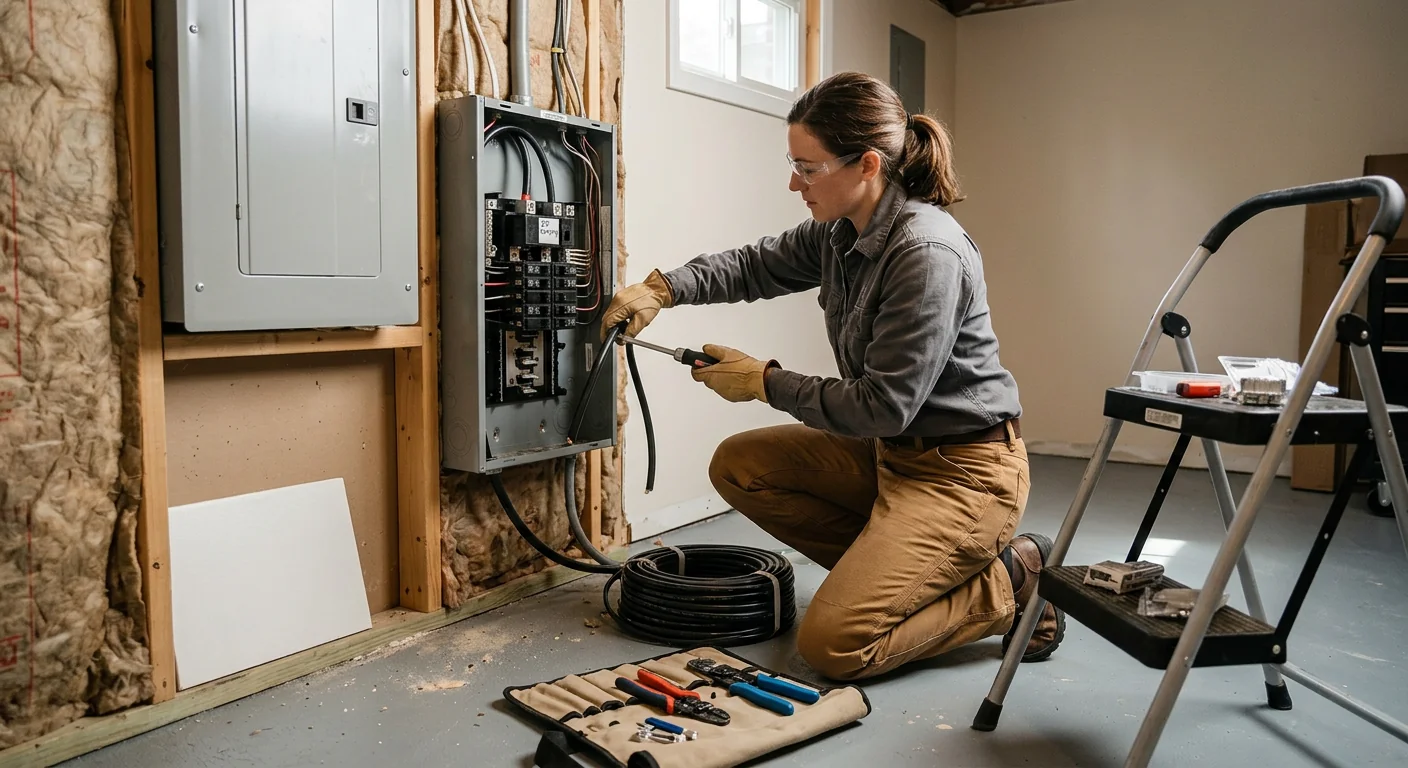 Electrician terminating conductors at a subpanel added for EV charging capacity