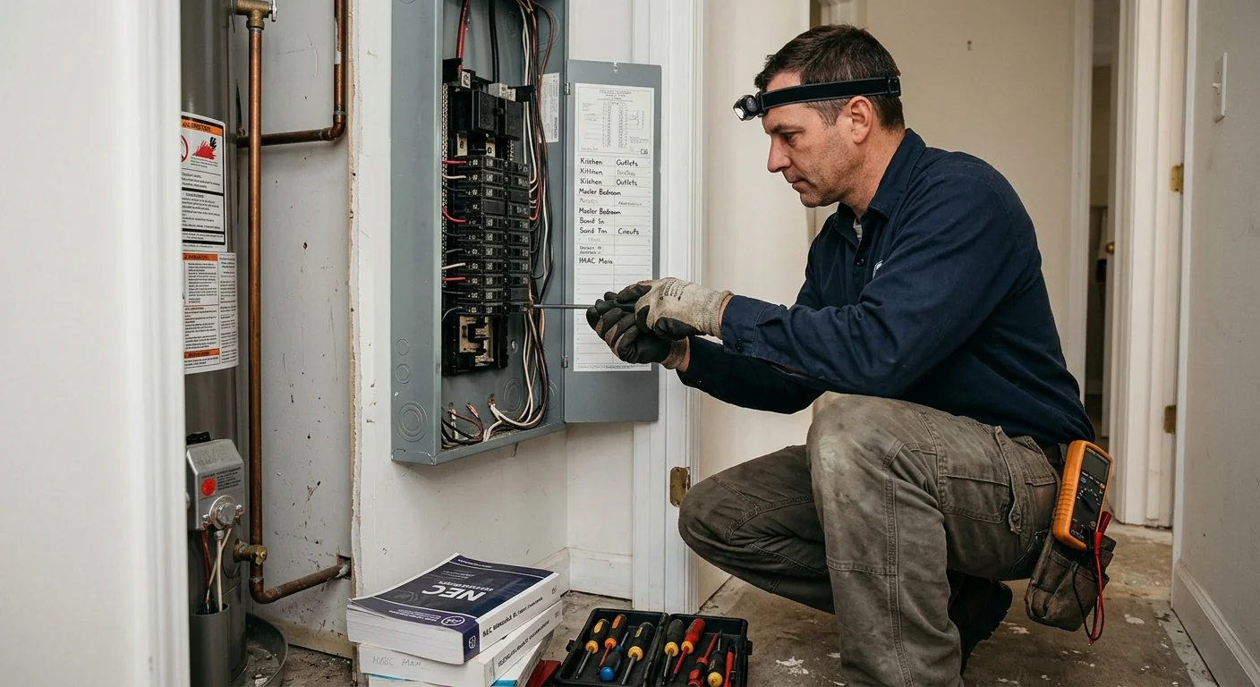 Electrician reviewing standby generator placement and load requirements at a Smithtown home