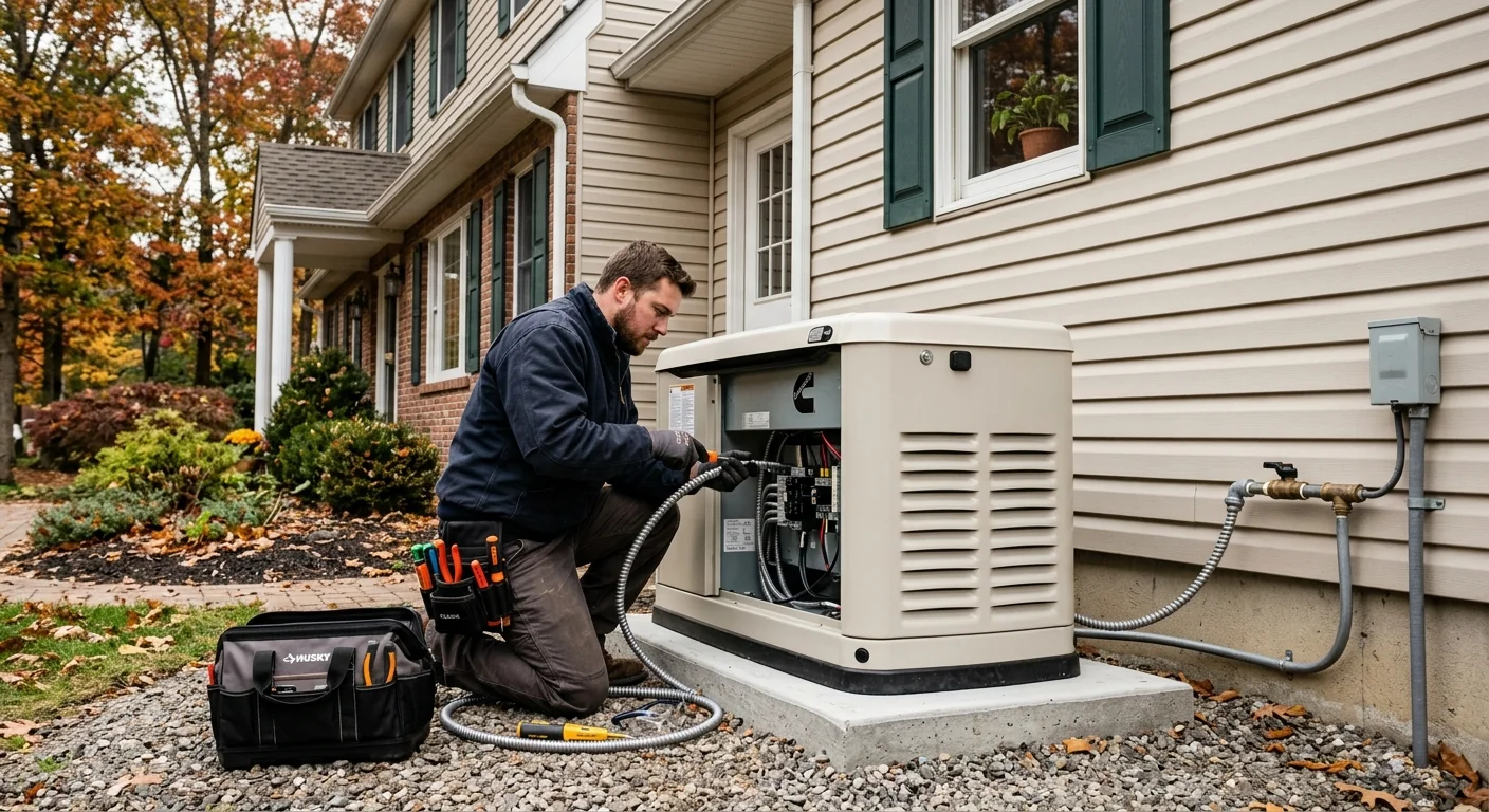 Standby generator installed on a level pad beside a Smithtown colonial home