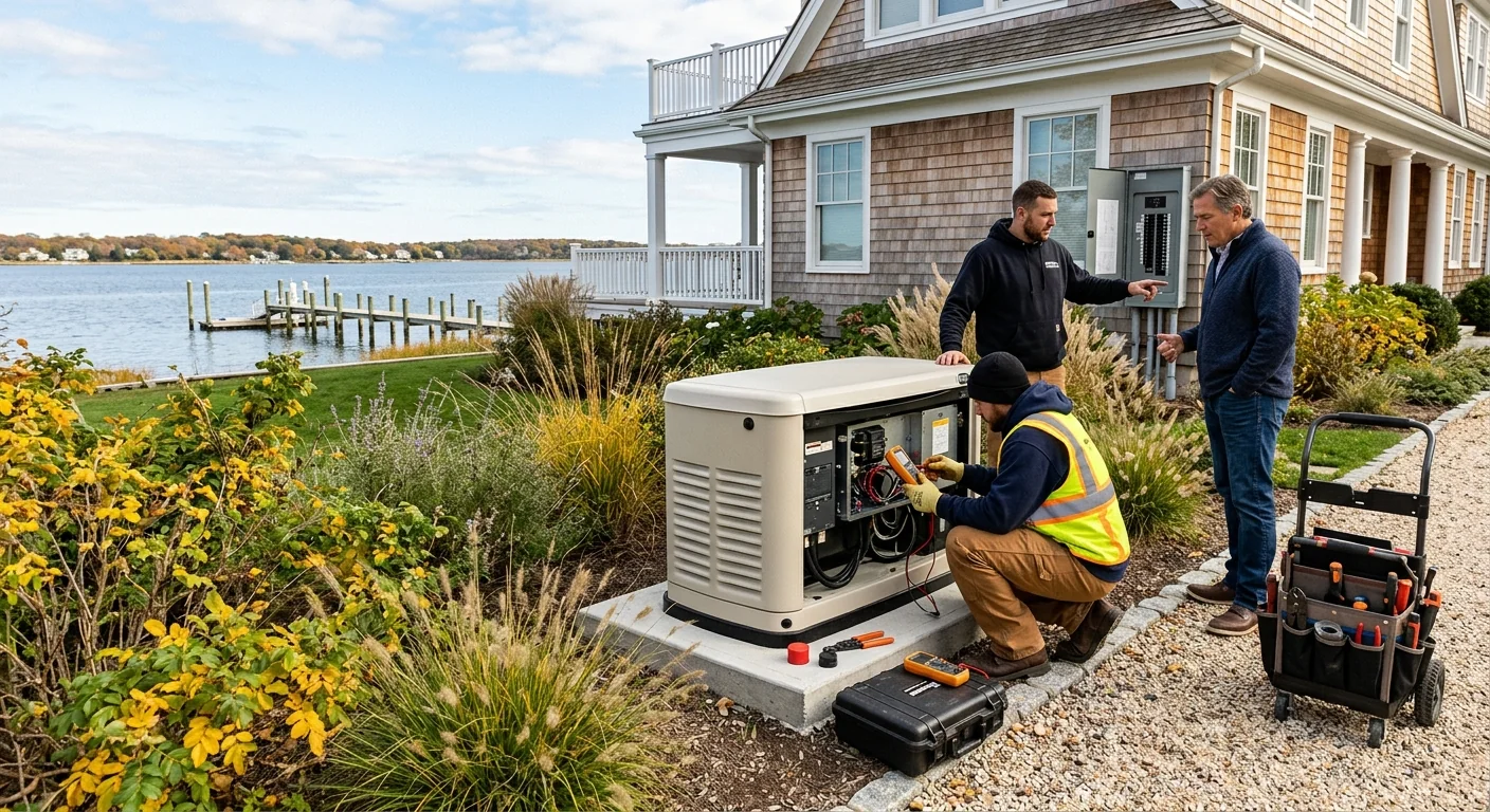 Wide shot of a whole-house generator set back from a waterfront property