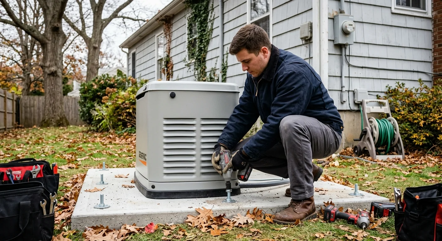 Electrician anchoring a generator to a concrete pad during storm-season prep