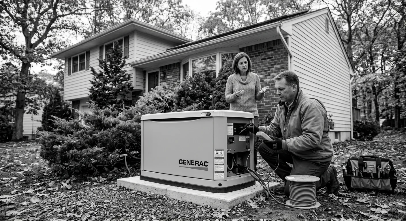 Newly installed generator with proper clearances beside a split-level Smithtown home