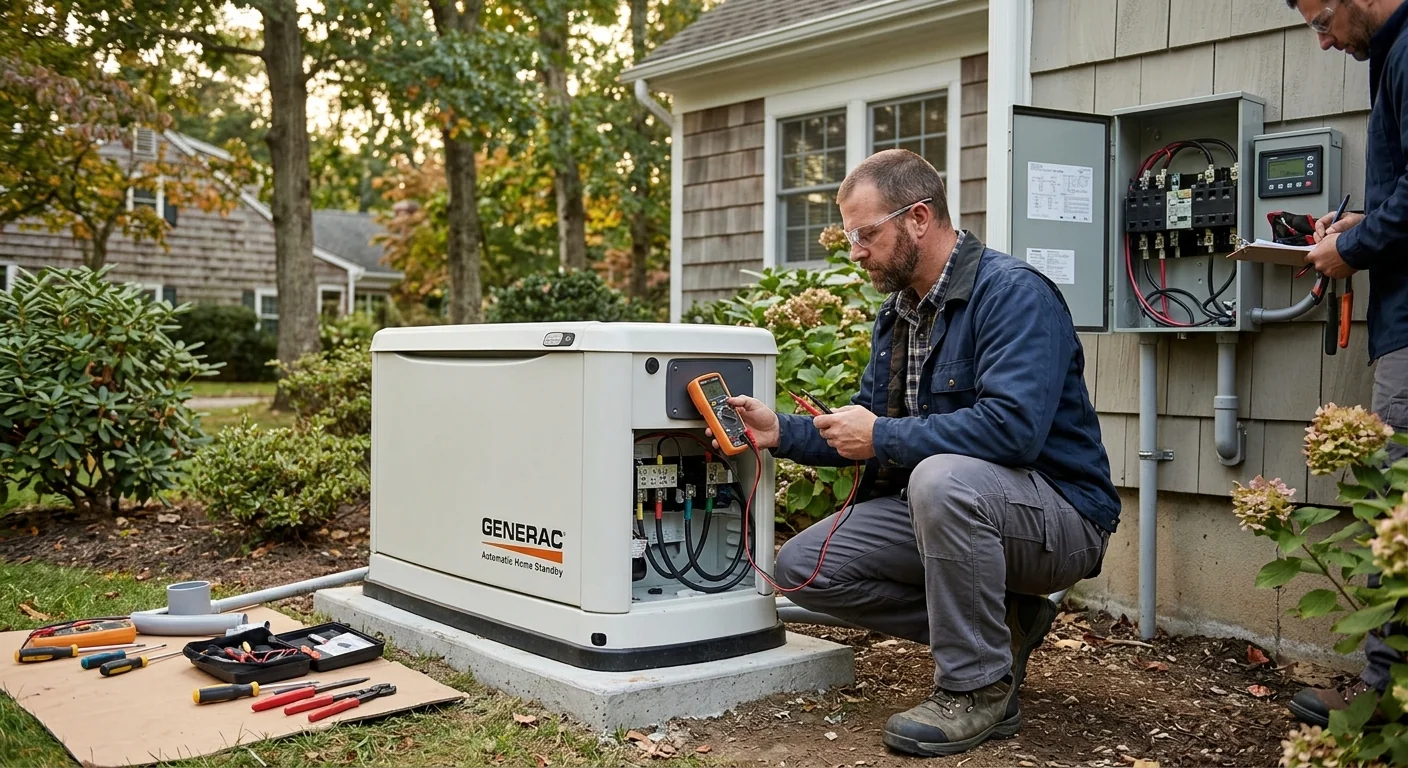 Technician testing generator commissioning cycle and load transfer at a residence
