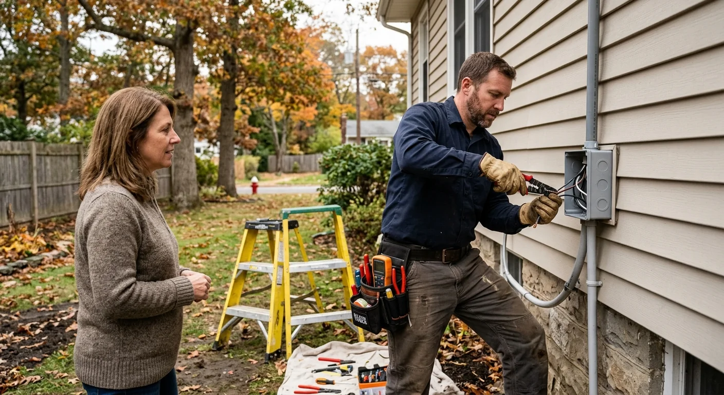 Electrician installing a grounded wall outlet in a Smithtown home interior