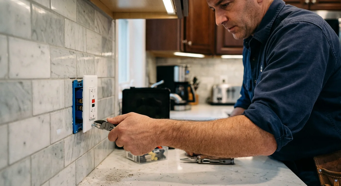 Close-up of newly installed GFCI outlet in a Smithtown kitchen backsplash