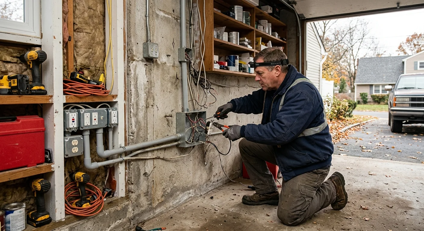 Wide shot of a garage wall with several added workshop receptacles