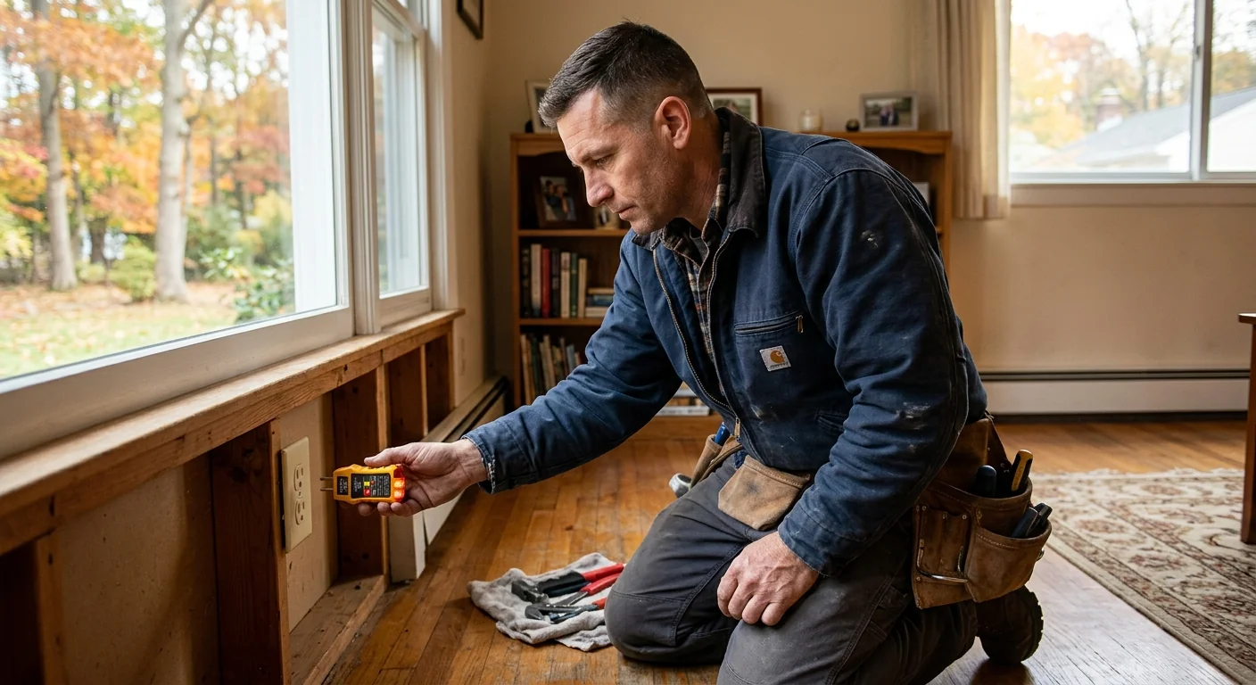 Electrician testing outlet polarity with a plug tester on site