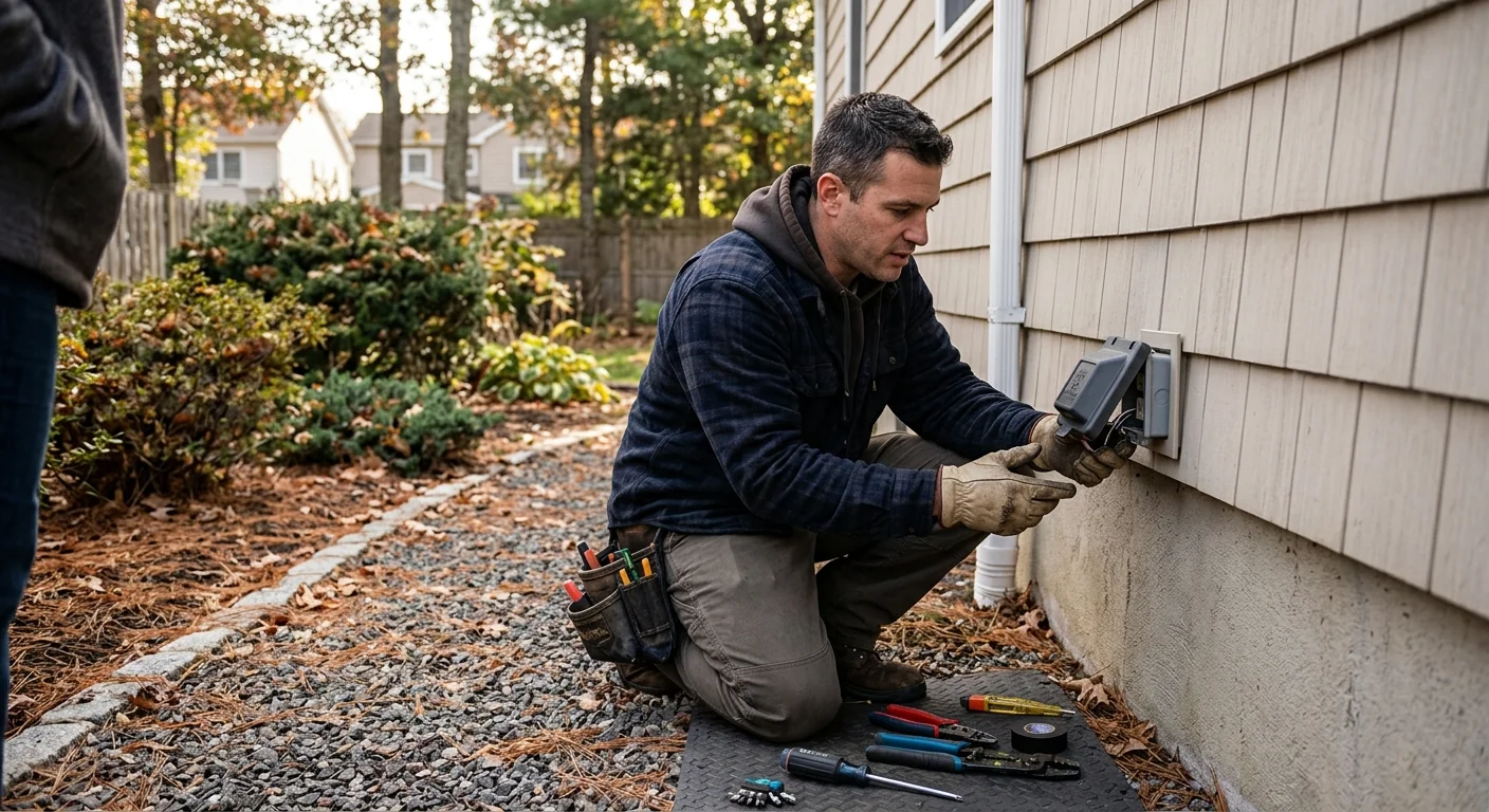 Weather-resistant outdoor outlet mounted on a Smithtown home exterior wall