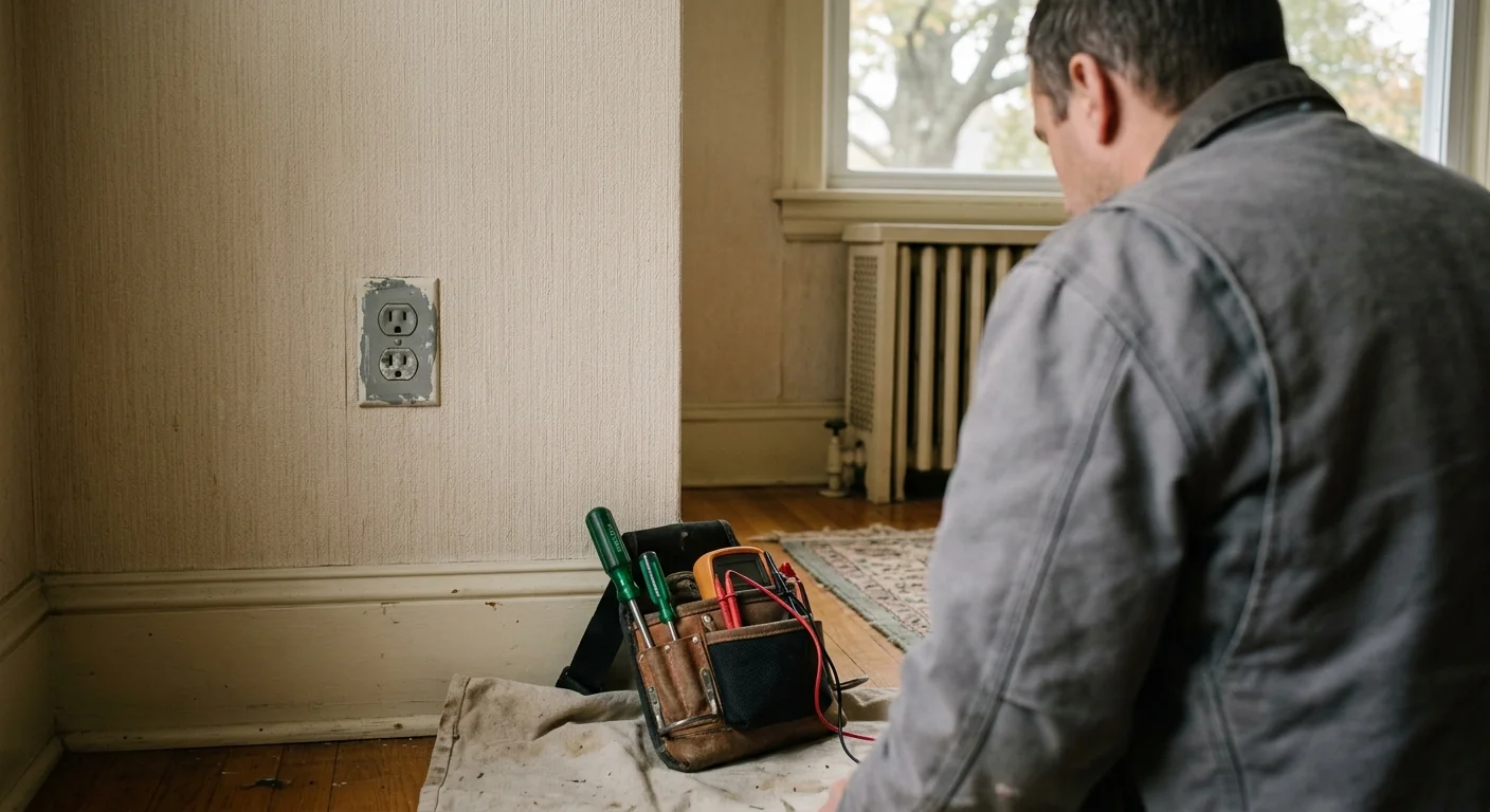 Before context showing an outdated two-prong outlet awaiting grounded replacement