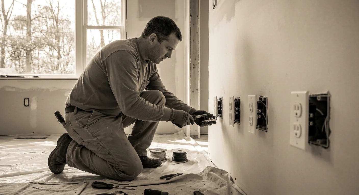 Rows of tamper-resistant outlets installed along a renovated living room wall